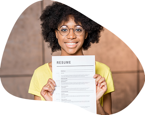 Photo of a woman holding up a resume